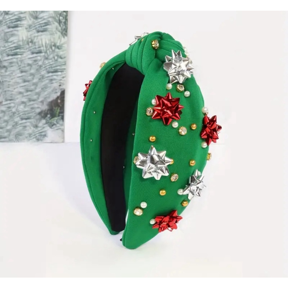 Green Top Knot Headband With Faux Pearls and Christmas Gift Bow Embellishments - Picture 1 of 4